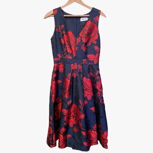 Eliza J Navy and Red Floral Rose Print Jacquard Cocktail Dress (Size 2)